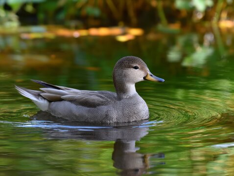 A gray gadwall duck swimming on calm green water, creating gentle ripples, with a blurred natural background in a park pond.