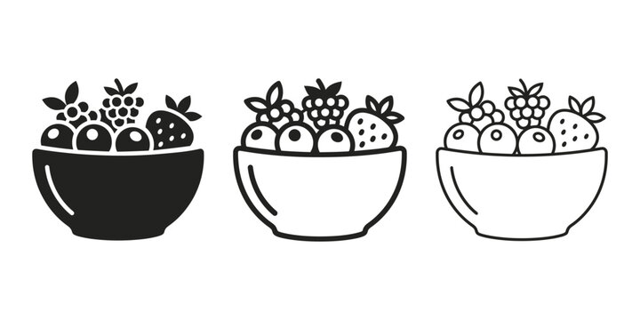 Bowl of mixed forest fruits icon silhouette vector, bold outline and line art isolated illustration