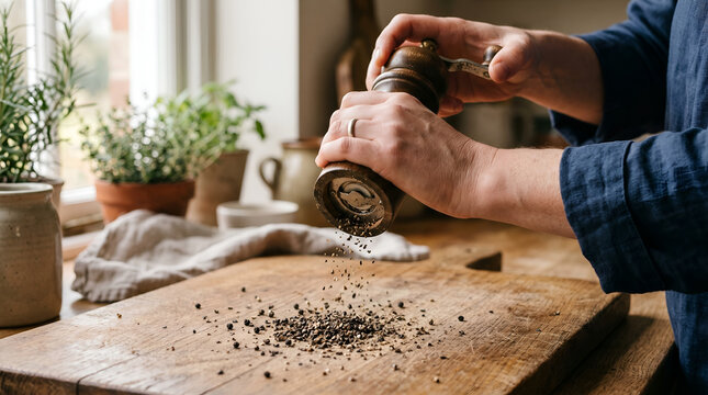 Close-up of hands grinding fresh black pepper with a wooden mill onto a cutting board in a rustic kitchen.