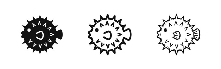 Puffer Fish Spiky Marine Animal Icon Set © drawing lines
