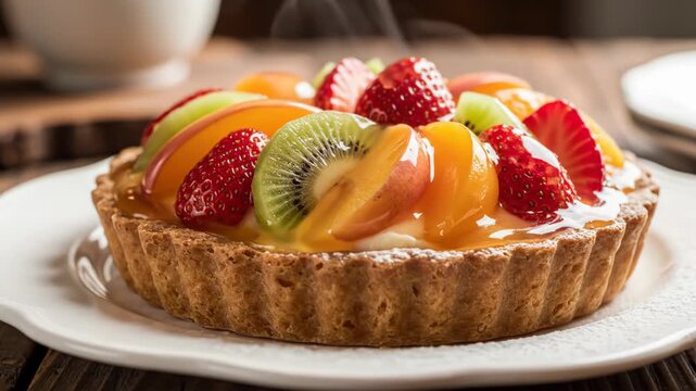 Golden-brown fruit tart topped with glazed strawberry, kiwi, and peach slices on a white ceramic plate, close-up view of a fresh bakery dessert served on a rustic wooden table.