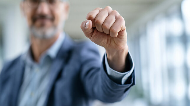 Man making a fist gesture toward the camera, symbolizing confidence, determination, strength, motivation, resilience, leadership, personal achievement, and professional success