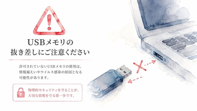 ノートパソコンへのUSBメモリの不正使用とウイルス感染リスクに注意を促すイラスト