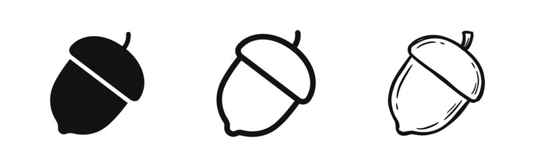 Acorn icons set in solid, outline, and sketch styles © drawing lines