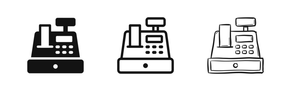 Three cash register icons presented in solid, line art, and hand-drawn sketch styles.