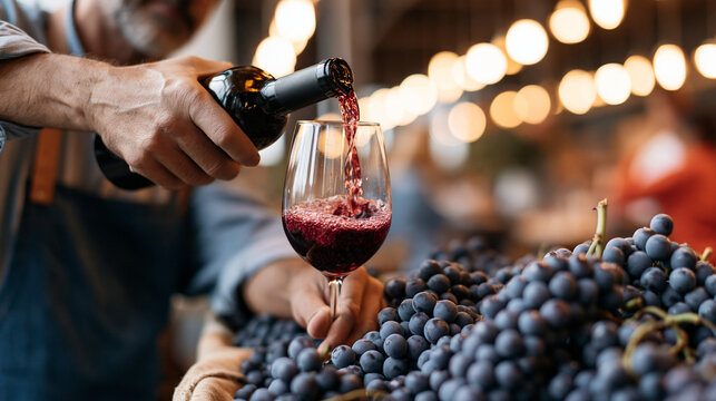 Red wine being poured into a glass beside fresh grapes, showcasing wine tasting, vineyard culture, winemaking tradition, premium beverages, hospitality, and gourmet experiences