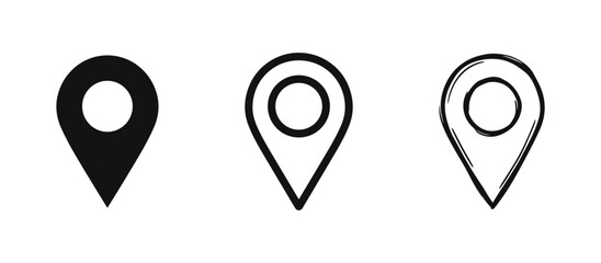 Set of three map pin icons: solid black, outline, and sketch style © drawing lines