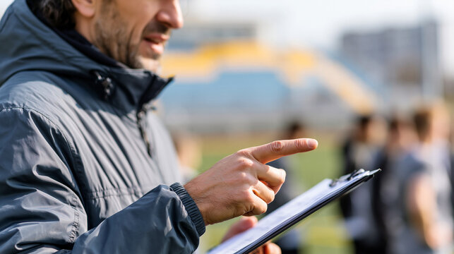 Sports coach using a tablet during training, analyzing performance, planning team strategy, monitoring athlete development, coordinating practice sessions, and supporting competitive success