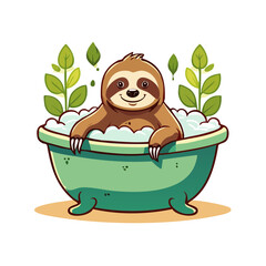 Obraz premium Cartoon Sloth Taking a Bath with Bubbles and Leaves