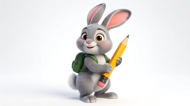 Cute 3d cartoon bunny student with a backpack holding a pencil isolated on white background