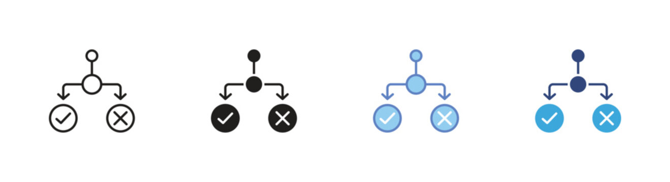 Condition branching icon set, Decision tree symbols, Flow logic check and cross vector icons, Process branching signs, Yes no decision vector icons
