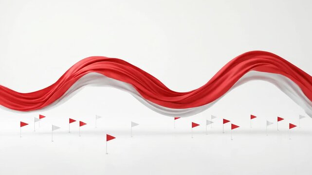 Flowing red and white fabric ribbon above small flags on a clean white background.