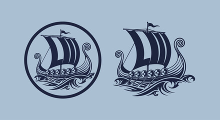 Viking ship, nautical icons, sailing vessel, dark blue graphics, vector illustrations © Uno