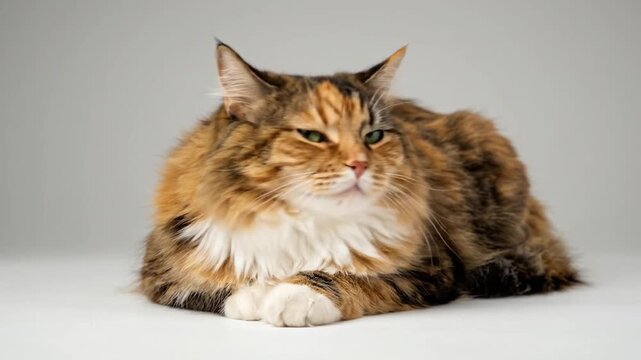 Fluffy calico cat lying in studio looking at camera then turning head