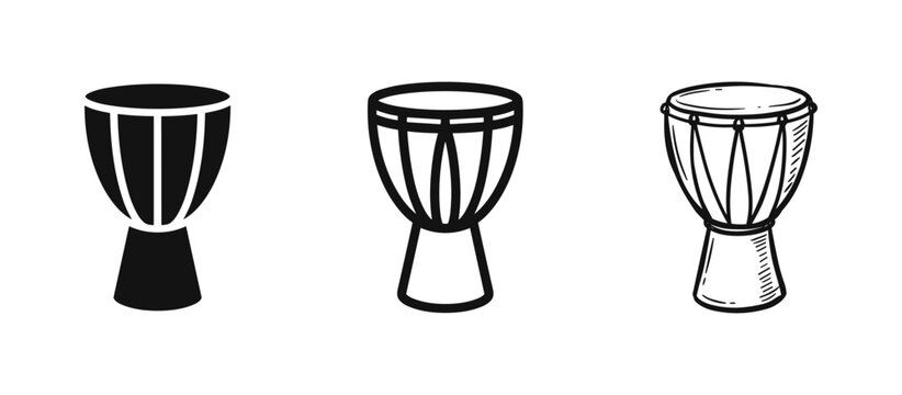 Set of djembe drum icons, solid, outline and hand-drawn sketch styles