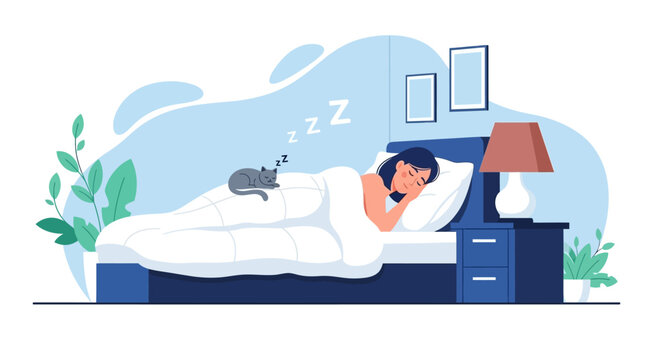Sleeping woman, bedtime scene, night rest, peaceful slumber, vector illustration