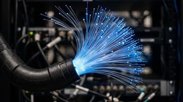 Glowing blue fiber optic cables in server room datacenter cabinet