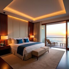 Obraz premium Luxurious hotel suite features king size bed, ocean view balcony, sunset light. Modern interior design offers ultimate relaxation, perfect for high-end travel experience. Enjoy coastal resort living.