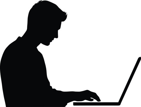 Silhouette vector illustration of a man working on a laptop computer typing on the keyboard from a side view profile