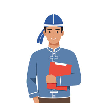 Man in traditional clothing holding red folder
