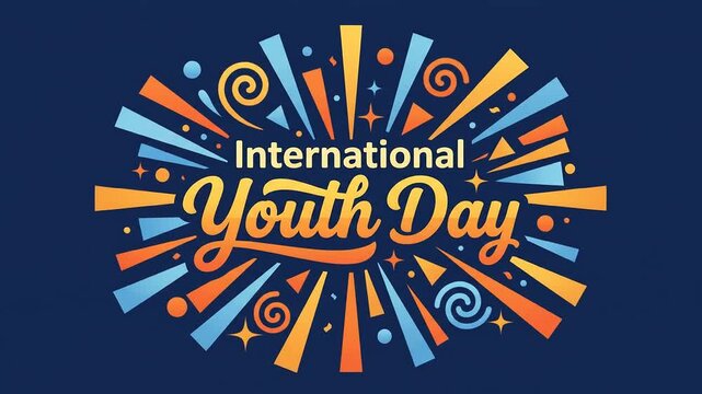 International Youth Day typography with colorful geometric shapes on navy background.