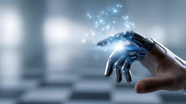 A close up of a robotic hand reaching out with illuminated digital nodes, representing innovation in robotics and AI. The background features a sleek, futuristic setting with blurred elements