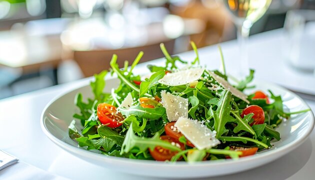 Fresh arugula and parmesan salad, minimalist Italian restaurant interior, bright natural light, sophisticated aesthetic composition
