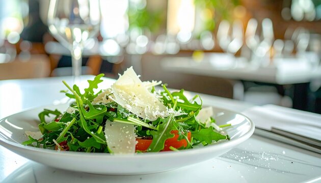 Fresh arugula and parmesan salad, minimalist Italian restaurant interior, bright natural light, sophisticated aesthetic composition

