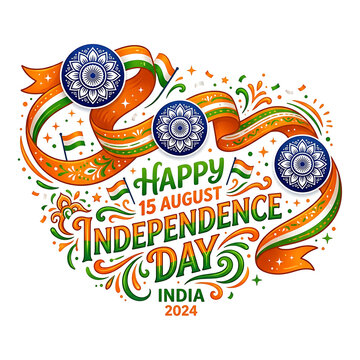 Happy india independence day greeting with ribbons and fireworks