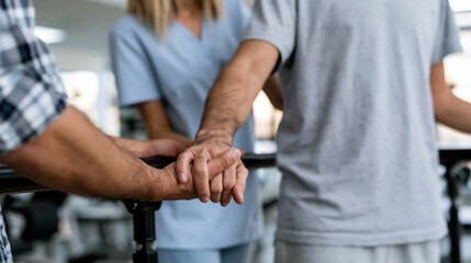 Naklejka premium Physical therapist assisting a patient during rehabilitation therapy, supporting mobility, recovery, strength improvement, functional movement, healthcare treatment, and physical wellness