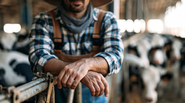Dairy farmer standing inside a cow farm, overseeing livestock care, dairy production, animal welfare, agricultural operations, farm management, and sustainable farming practices