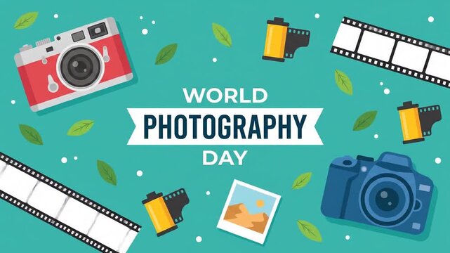 World Photography Day graphic animation with cameras and film.