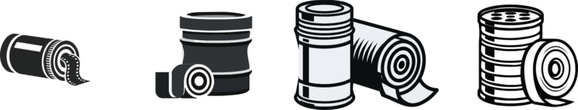 A vintage metal film canister with an exposed roll of black-and-white film, set against a clean white background, exudes the essence of classic photography