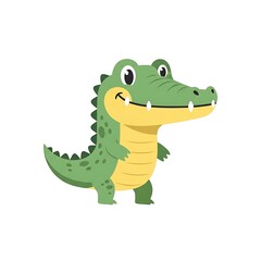 Fototapeta premium Cartoon green dinosaur character with yellow belly smiling.