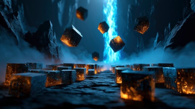 Floating cubes hovering in a dark cavern with blue energy beam and sharp macro focus for sci-fi gaming backgrounds