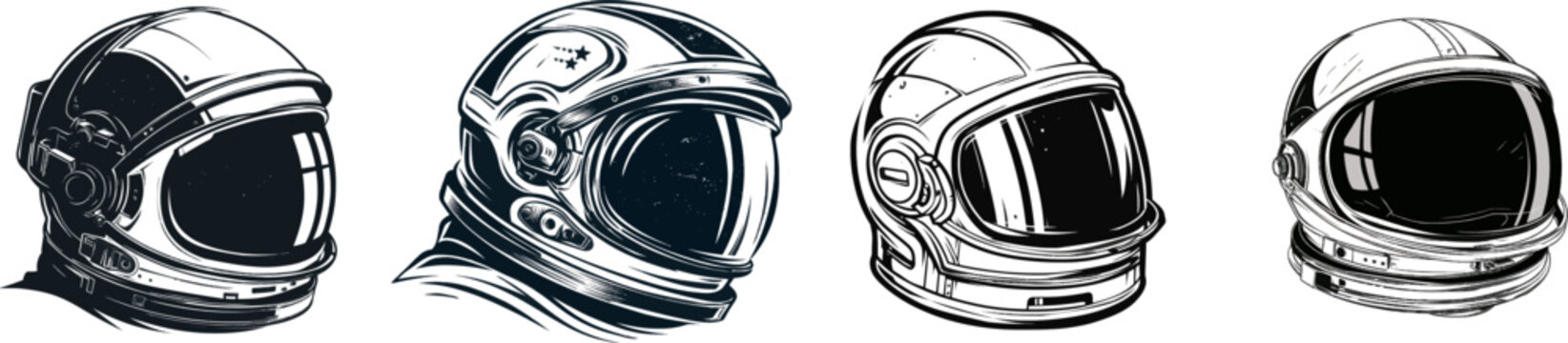 A monochrome vector illustration of an astronaut helmet visor, featuring detailed design elements against a clean white background, exudes a sense of space exploration and futuristic aesthetics