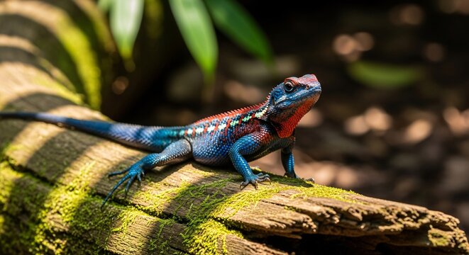 Vibrant African Rock Agama lizard with blue body and red head resting on a mossy log in tropical sunlight.