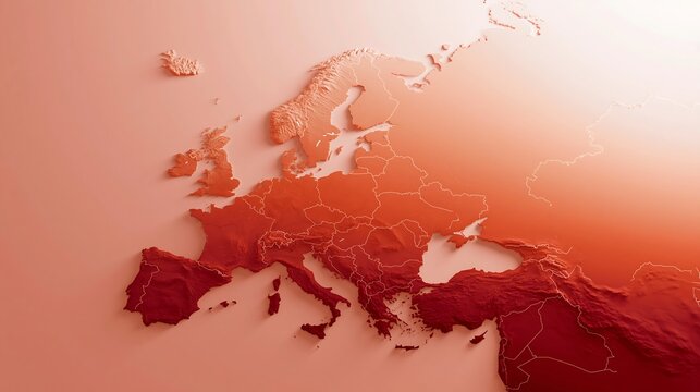 Climate map of Europe emphasizing extreme heat concentrated in southern regions and the Mediterranean basin, illustrating climate change impacts, weather anomalies and heat risk assessment