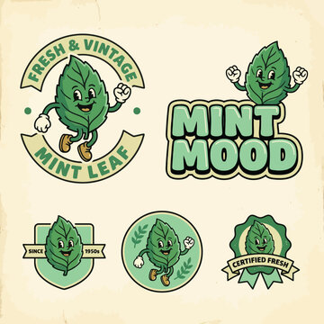 Retro Vintage Mint Leaf Mascot Logo Set - Cartoon Mint Character Badges for Fresh Branding