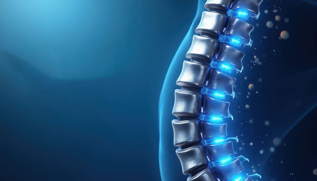 Close-up of metallic spine showing vertebrae and glowing blue discs. Medical graphic visualizes skeletal system structure and health. Body care concept.