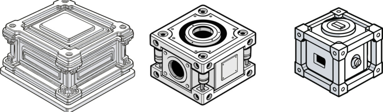 A monochrome vector illustration of a single graphene supercapacitor energy storage cell unit, showcasing clean lines and isolated on a pure white background, embodies the power tech theme with its