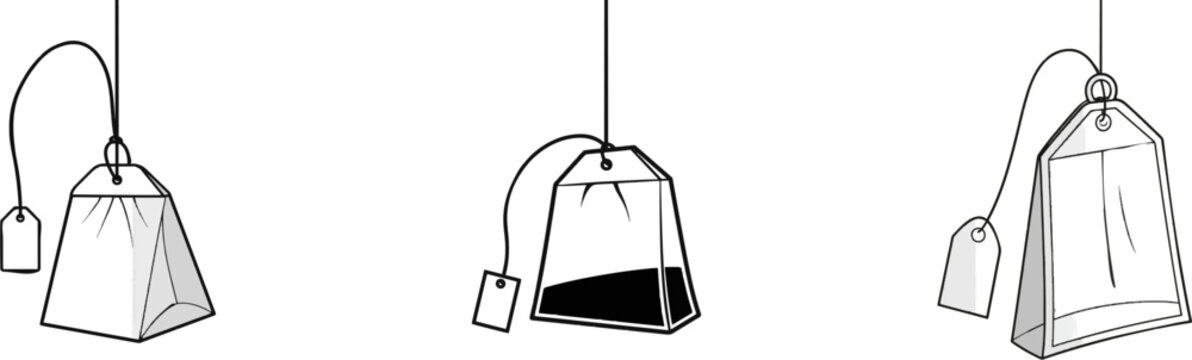 A minimalist monochrome vector illustration of a suspended tea bag with a tag, featuring clean lines and an isolated design against a pure white background