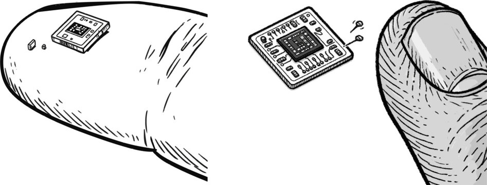 A monochrome vector illustration of a tiny subdermal RFID microchip scale comparison next to a fingertip, emphasizing the biohacking theme with clean lines and an isolated white background