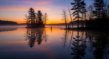 Obraz premium Peaceful lake at sunrise with colorful sky and silhouetted trees reflection