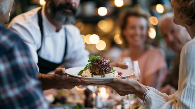 Waiter serving a gourmet dish to restaurant guests, providing professional hospitality, customer service, fine dining experience, food presentation, and enjoyable social dining