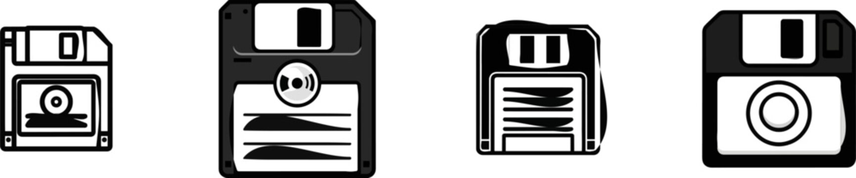 A simple black and white vector icon of a vintage 3.5-inch floppy disk with clean lines and isolated on a solid white background