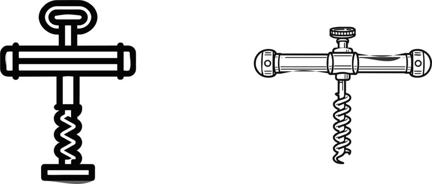 A minimalist black and white vector icon of a T-shaped metal corkscrew with clean lines against a solid white background