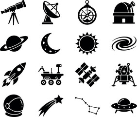 Space Exploration and Astronomy Solid Silhouette Icon Set Featuring Telescopes Observatories Rockets Satellites Rovers Planets Galaxies and Astronaut Equipment Vector Symbols © MARKNIS