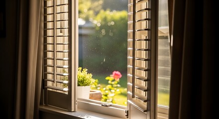 Open window view sunshine gentle breeze green garden nature outdoors © Ahdan
