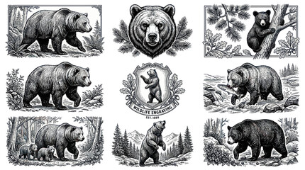 Vintage Bear Illustrations: Grizzly, Cub, Family, Wildlife Scenes © rahma